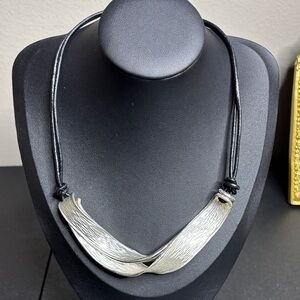 Elegant Striated Twisted Silver Edgy Necklace with Black Cord